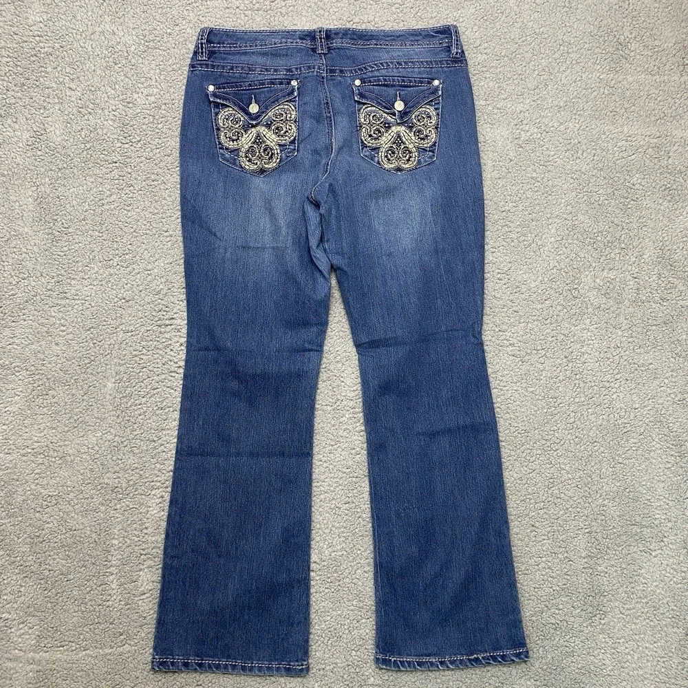 Nine West Ramses Bling Boot Jeans Women 12 Blue Denim Flap Pockets Western